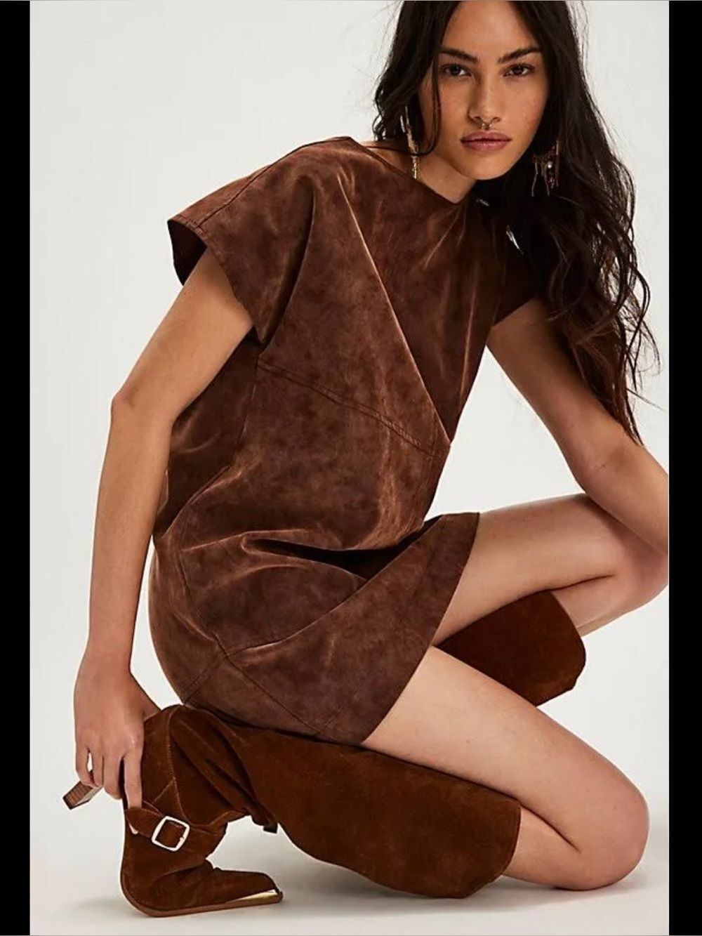NWT Free People Sawyer Faux Leather Mini Dress Chicory Coffee Size Medium